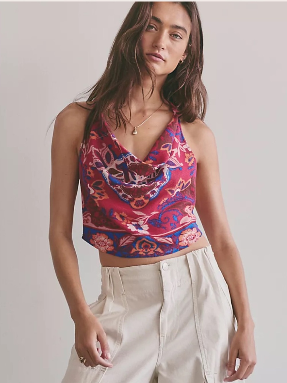 Free People Red Floral Cowl Neck Crop Top